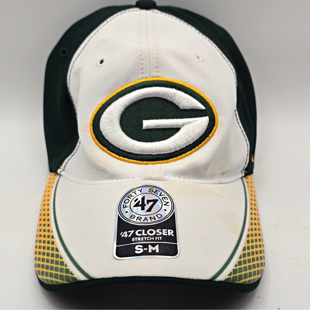 '47 Brand Green Bay Packers Closer Stretch Fit Hat S-M White Green Yellow NFL